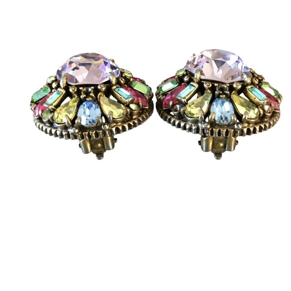 HOLLYCRAFT 1955 Vintage Rainbow Rhinestone Clip Earrings Pastel Statement - Picture 4 of 9